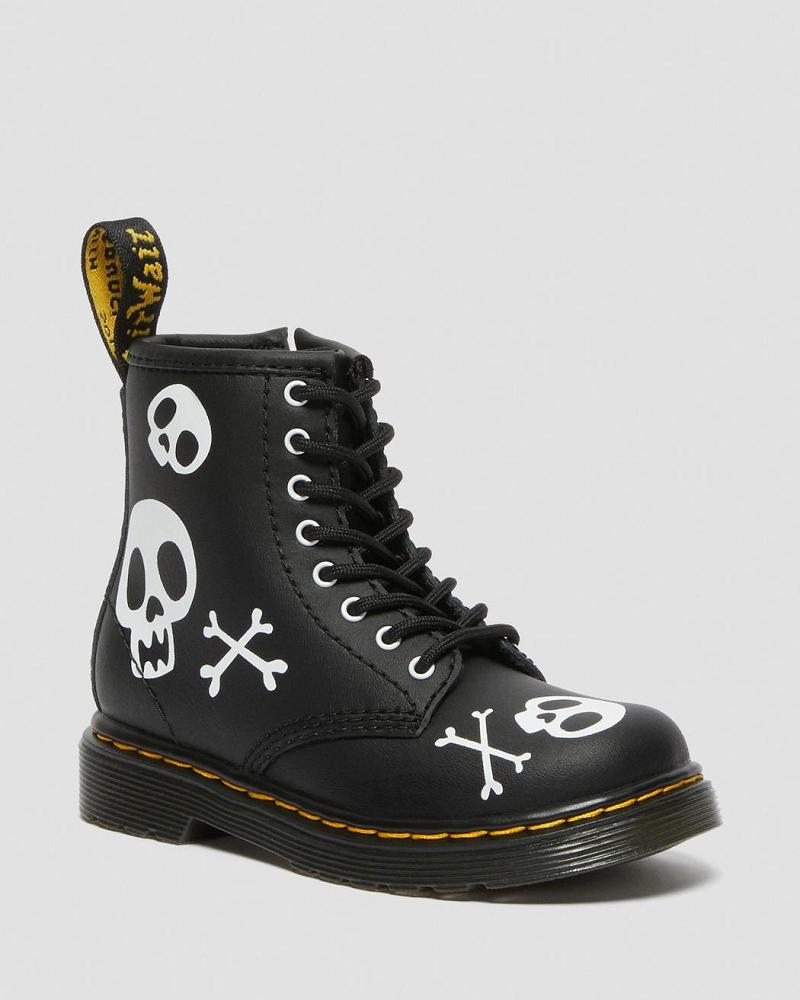 Dr Martens Toddler 1460 Skull & Bones Læder Snørestøvler Børn Sort Hvide | DK 704AHK